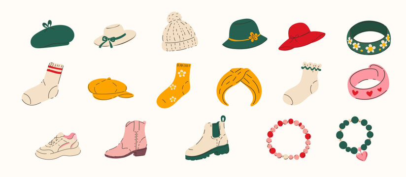 Shoe, Hat and Bracelet Set. Stylized Nostalgic Cartoon Retro Style Element. Vintage 90s Hipster Symbol. Fashionable Footwear Funny Element for Modern Poster Design