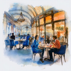 Fototapeta premium bistro, table, café, chaise, rue, bar, intérieur, diners, aliment, vide, ville, mobilier, dîner, restaurent, brasserie, paris, Europe, aquarelle, illustration, conception, vieux, salle, architecture, 