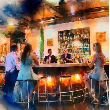 femme, bistro, caf&eacute;, gens, couple, bar, aliment, &ecirc;tre assis, souriant, cuisine, boire, client, caf&eacute;t&eacute;ria, personne, boisson, int&eacute;rieur, compteur, illustration, aquarelle