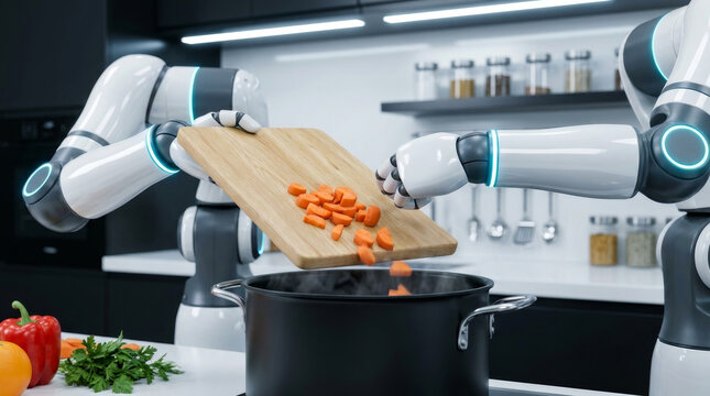 Robot cooking kitchen carrot pot automation smart technology soup futuristic robotic arm pour chopped. Robot cooking assistance assistant to help automation, robotic smart chef kitchen
