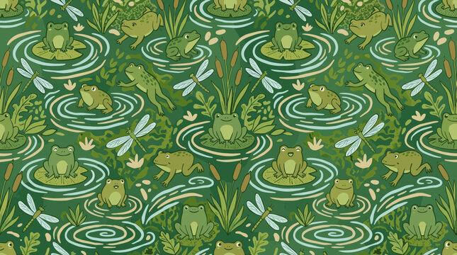 Frog pond seamless pattern with dragonflies and water ripples