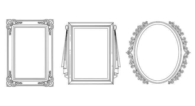 Picture frame set with ornate baroque borders, oval medallion and square frames for vintage design templates