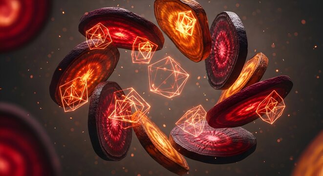 Abstract glowing red and orange crystalline structures in a circular formation with a dark background