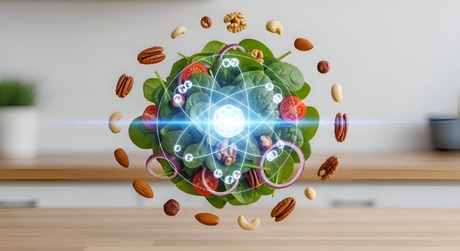 Healthy food sphere with glowing light in the center on a kitchen counter