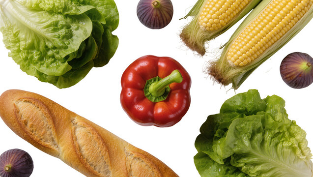 Isolated arrangement of fresh vibrant lettuce, red bell pepper, corn, figs, and baguette.