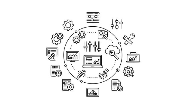 business management and technical system configuration concept with circular line icons of data analysis gear settings and web development tools