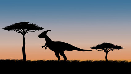 Saurolophus on safari at sunset, color vector illustration © OMIA