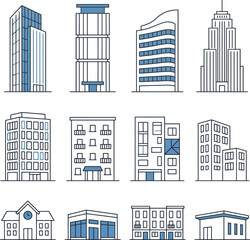 Obraz premium Collection of modern and traditional building facades in line art style
