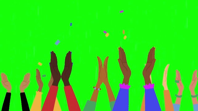 Diverse Hands Clapping Applause Animation With Confetti On Green Screen Background