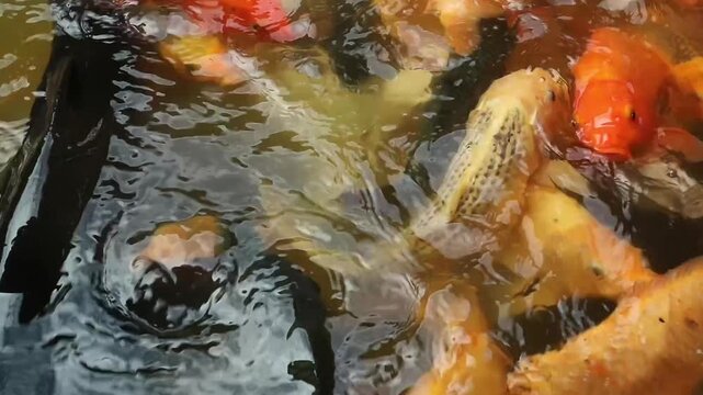 A group of colorful koi and carp fish swimming actively and splashing during feeding time in a garden pond.