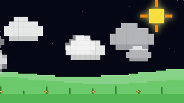 Pixel art landscape animation with sun and floating clouds in sky
