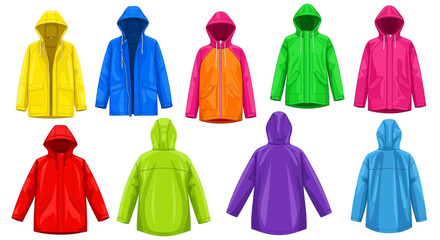 Collection of Colorful Raincoats for Outdoor Activities and Weather Protection © Azimo