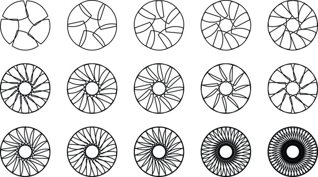 Fifteen circular abstract geometric patterns with increasing complexity and radial symmetry circle