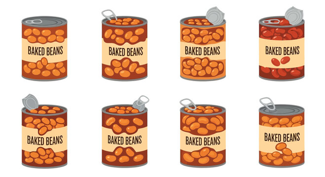 Collection of Baked Beans Cans, Variety of Labels, Isolated on White Background