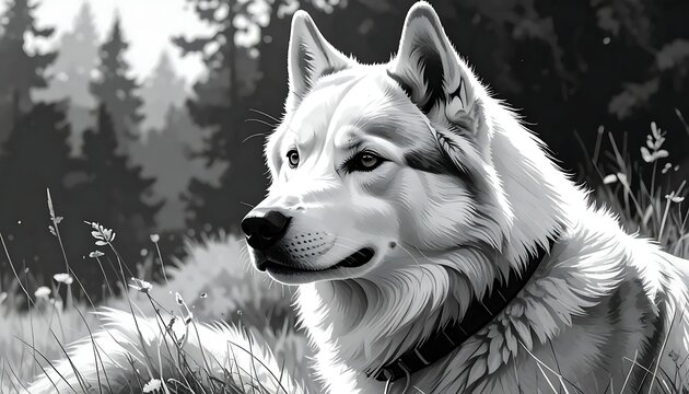 Siberian Husky Dog Graphic Illustration Black And White Portrait Alert Canine Sitting In Forest Meadow Grass With Evergreen Trees Background