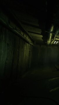 A dark basement shows pipes along the ceiling. A small window permits a little light. Shadows fill the space, creating a mysterious atmosphere. The floor has wooden planks.