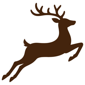 Brown silhouette of a leaping stag with antlers on a white background, deer jumping