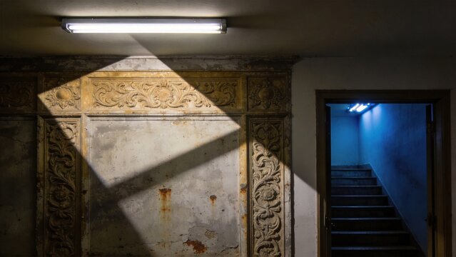 Light and shadow on ornate wall with staircase