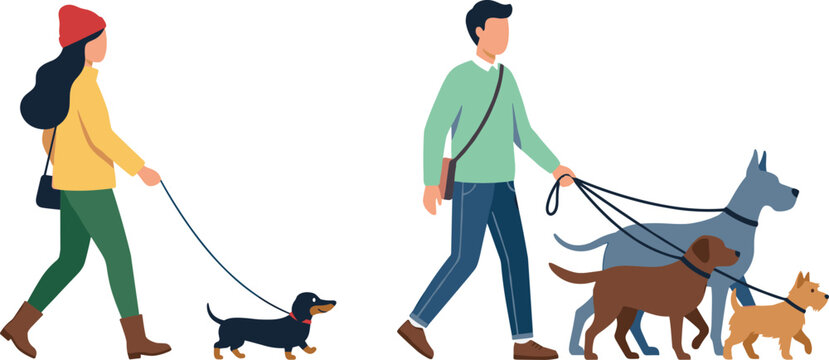 Flat Vector Illustration of Male and Female Professional Dog Walkers Exercising Various Breeds Including Dachshund Great Dane and Terrier for Pet Care Services