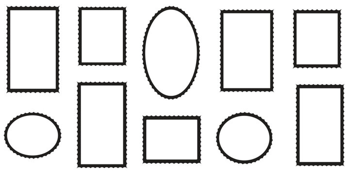 Set of frames in shape of squares and rectangles of various sizes with zigzag smooth edges. Zigzag wavy edges, retro scallop frames, psychedelic rectangles, photo frames, text boxes, tags, labels. 