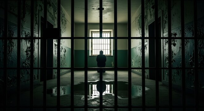 Solitary confinement, prisoner in cell, looking out barred window, dark hallway, despair, isolation