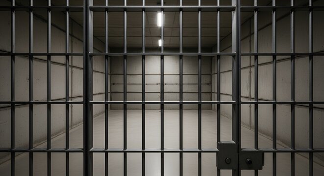 Empty Prison Cell Interior with Metal Bars and Lights