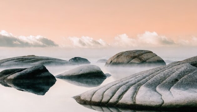 Large rocks sit in calm water with a peaceful atmosphere at sunset