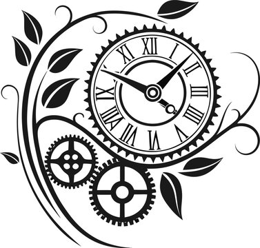 Vintage steampunk clock icon with mechanical gears and floral vines.