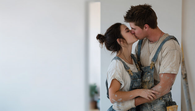 Happy couple renovating new house apartment hugging . Home makeover, renovation concept. Family man woman repair flat themselves.