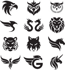 Obraz premium Collection of animal and bird logos on white background