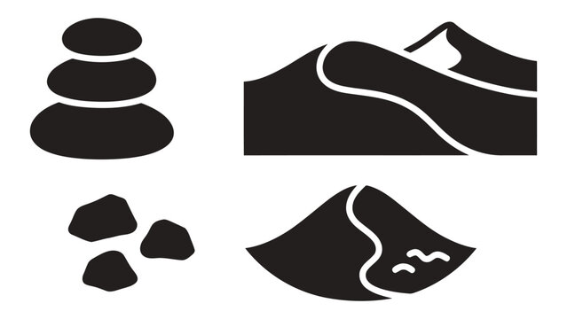 Set of rock and desert icons, stacked stones, desert dunes, and scattered rocks, solid black style.