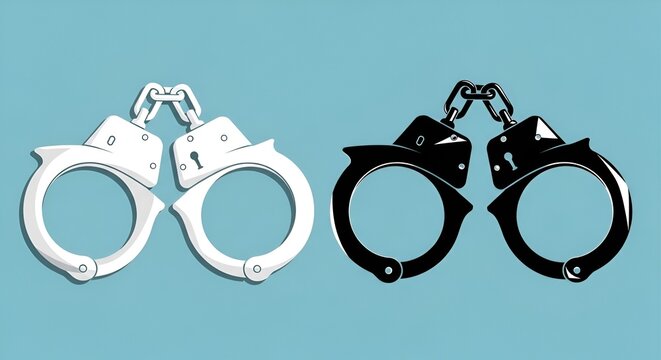 Black and White Handcuffs Facing Each Other, Justice Concept