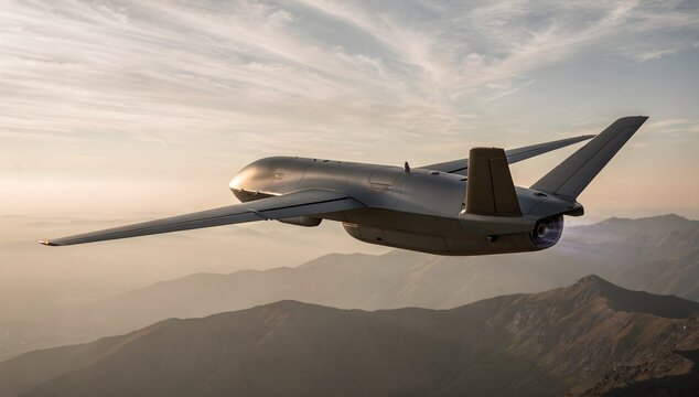 Advanced military jet drone flying over mountain range during sunset for surveillance missions.