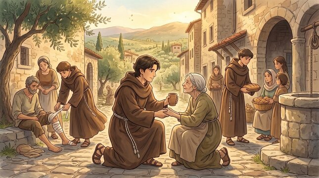 Compassionate Monks Helping Poor Villagers in Medieval Town