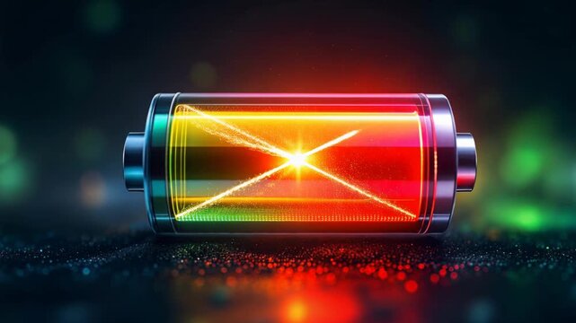 Transparent futuristic battery showing internal energy flow and charging process on a dark background