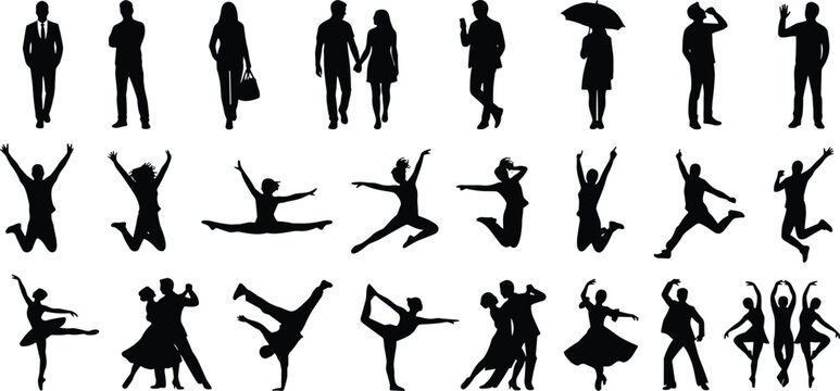 Silhouettes of people standing, walking, holding hands, umbrella, jumping, dancing, leaping, acrobatic movements, expressive postures for design illustration