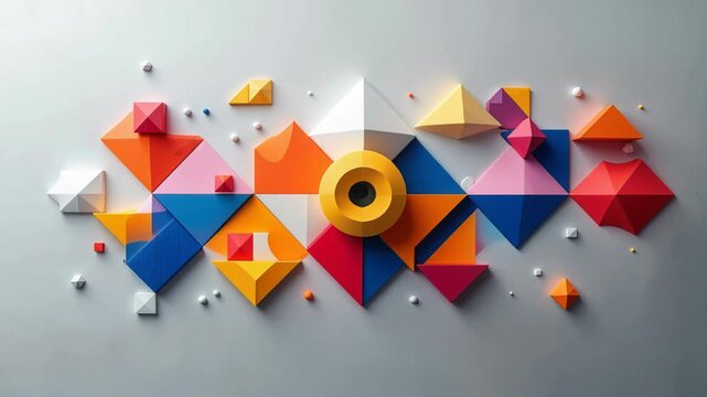 Colorful geometric shapes dynamically animating on a clean background, an abstract and modern concept