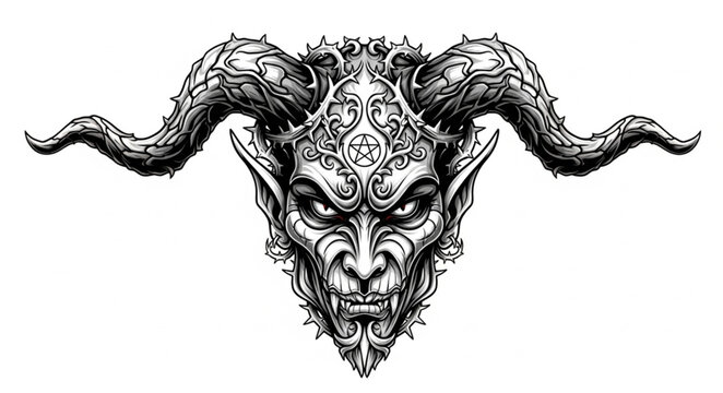 Detailed illustration of a demonic creature with large horns and intricate facial markings.