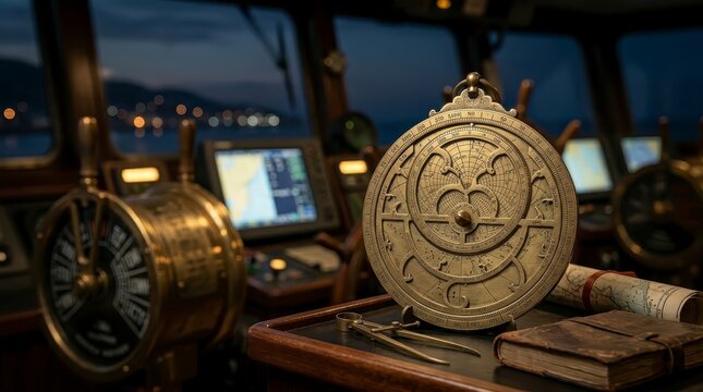 Antique astrolabe with navigation tools on ship bridge at night