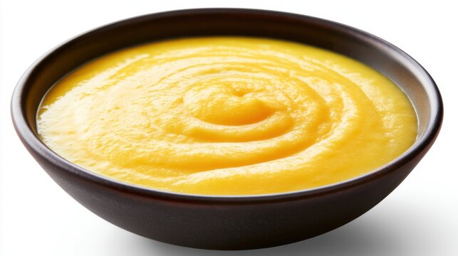 Creamy yellow soup in a dark bowl isolated on white background