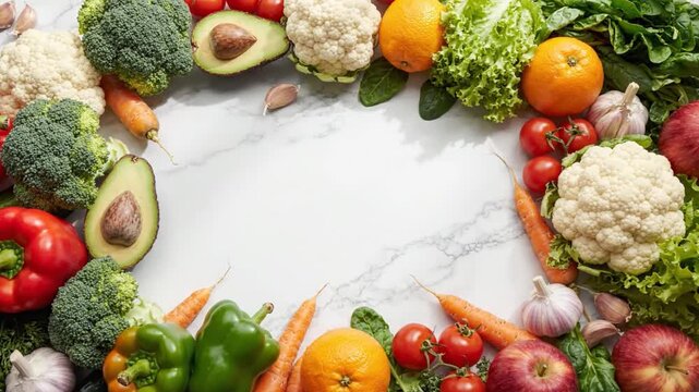 Top view of variety fresh vegetables and fruits forming a circular frame on white marble background
