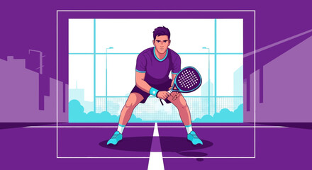 Fototapeta premium Athlete in Sportswear Preparing For Padel Match Isolated on the Court in Illustration