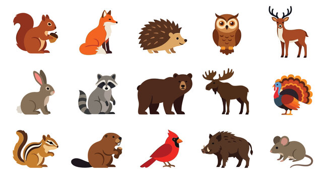 Collection of cute cartoon forest animals in a flat design style.