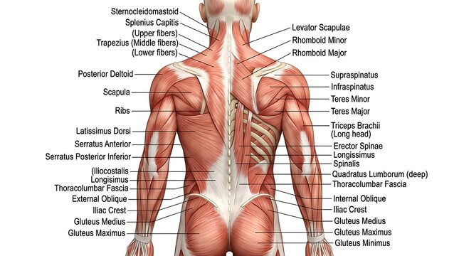 Human Back Muscle Anatomy Diagram with Labels. Detailed Medical Illustration for Education, Healthcare & Fitness Professionals