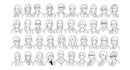 Obraz premium People avatar character set with line art outlines, diverse headshots and formal attire for UI interface icons