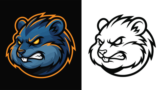 Angry blue rodent mascot logo design with a fierce expression and sharp teeth, presented alongside its black and white outline version.