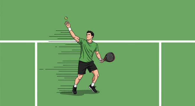 Athlete Preparing For Padel Match On Green Court With Striking Animated Illustration