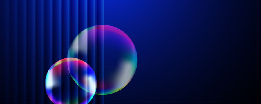 Abstract blue background with floating soap bubbles and vertical lines