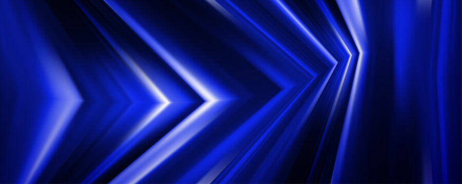 Abstract blue background with glowing neon chevron arrow shapes