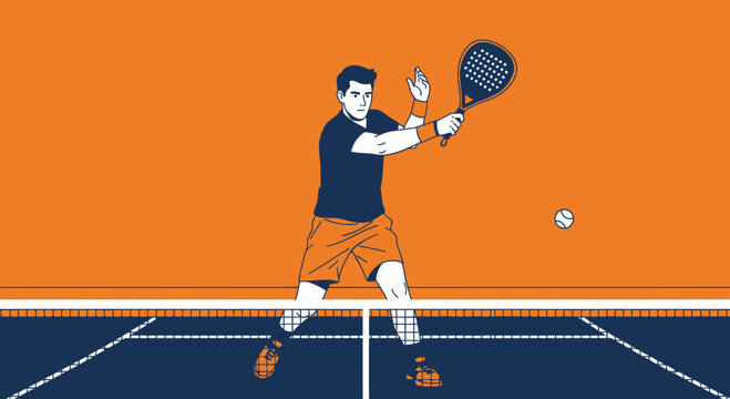 Athlete Strikes Padel Ball with Racquet in Court, Orange and Blue Background Illustrative